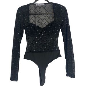 Magnolia Black Glitter Mesh Long Sleeve Bodysuit Size S